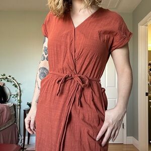 Rust Colored Faux Wrap Midi Wrap Dress with Side Ties